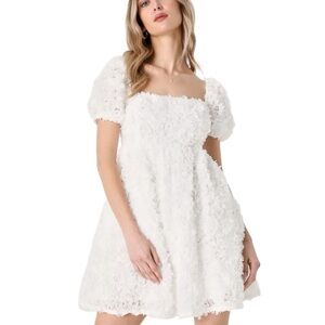 LULUS Precious Passion White Floral Puff Sleeve Babydoll Dress sz L Wedding Mini